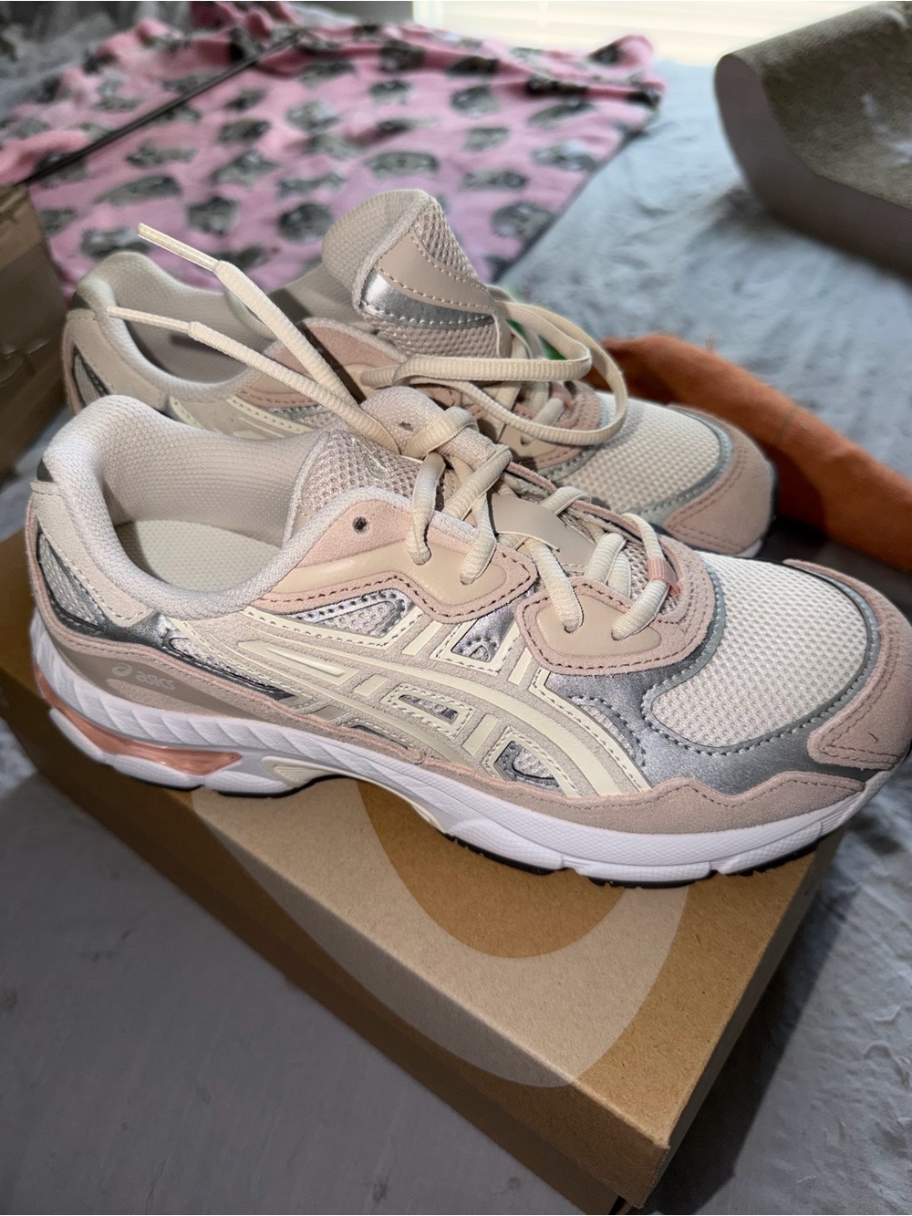ASICS Kids Sneakers in Blush Pink, Light Gray, and White